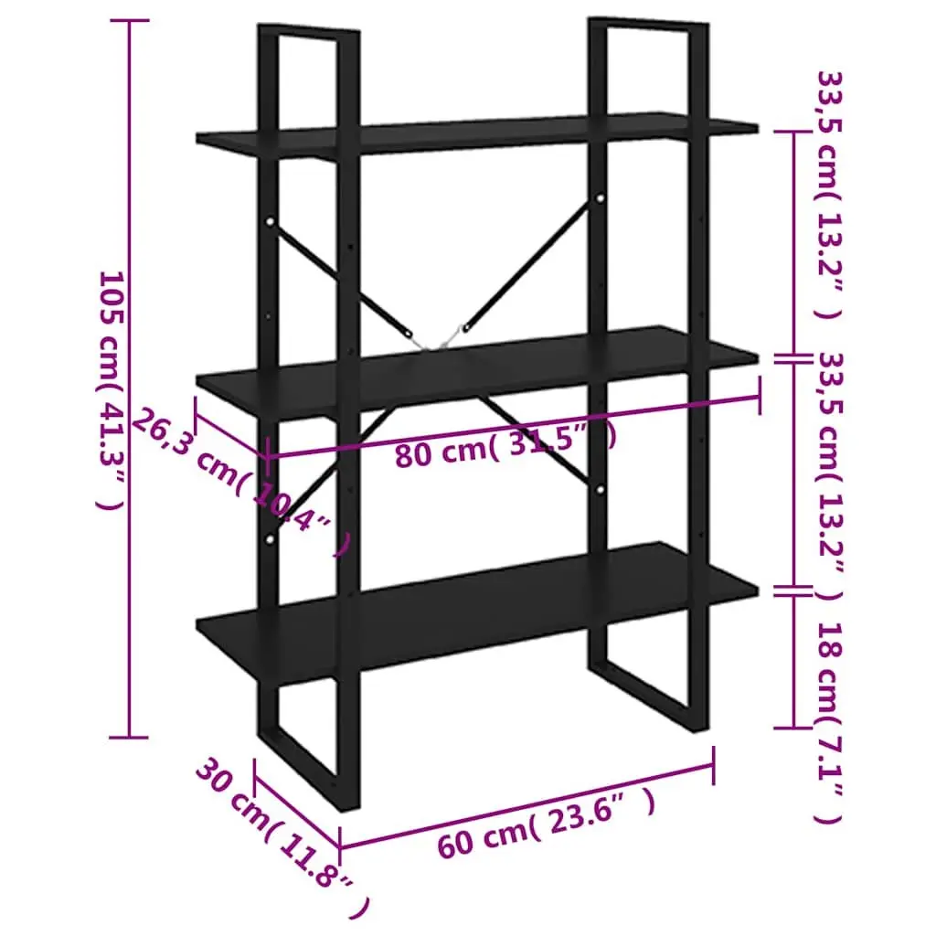 Book Cabinet Engineered Wood Metal Frame 3 Shelf Black Storage Unit