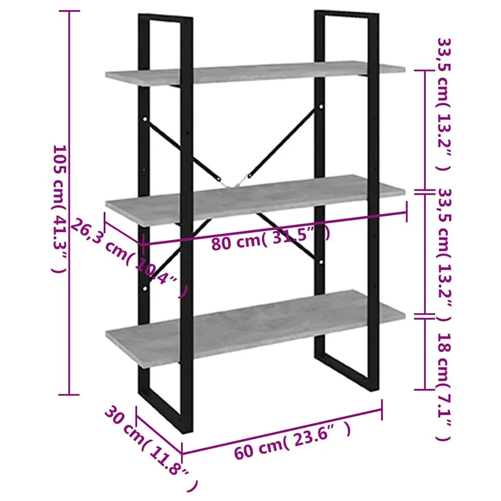 Book Cabinet Grey Concrete Style Shelving Unit Storage Engineered Wood 3 Shelves