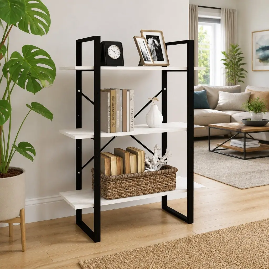 3-Tier Book Cabinet in White Solid Pine Wood