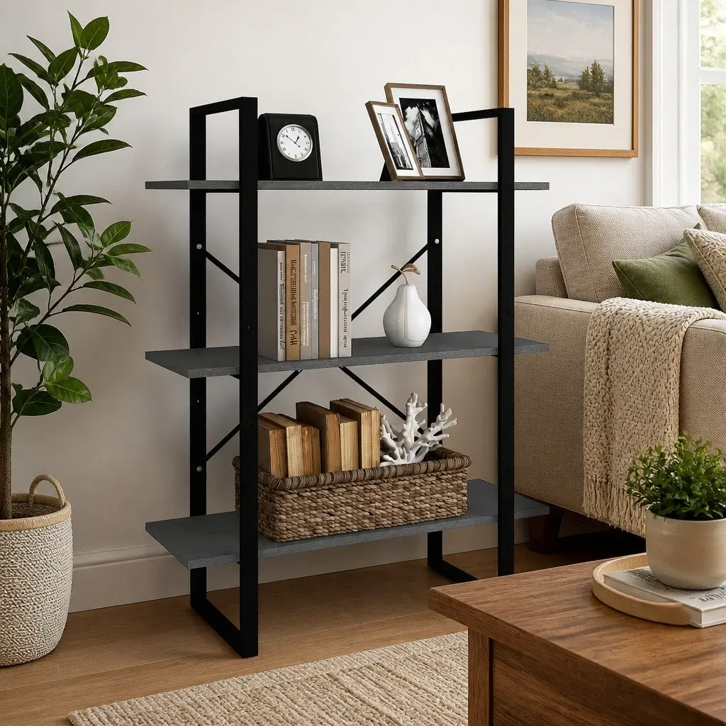 Grey 3-Tier Wooden Book Cabinet with Solid Pine Construction