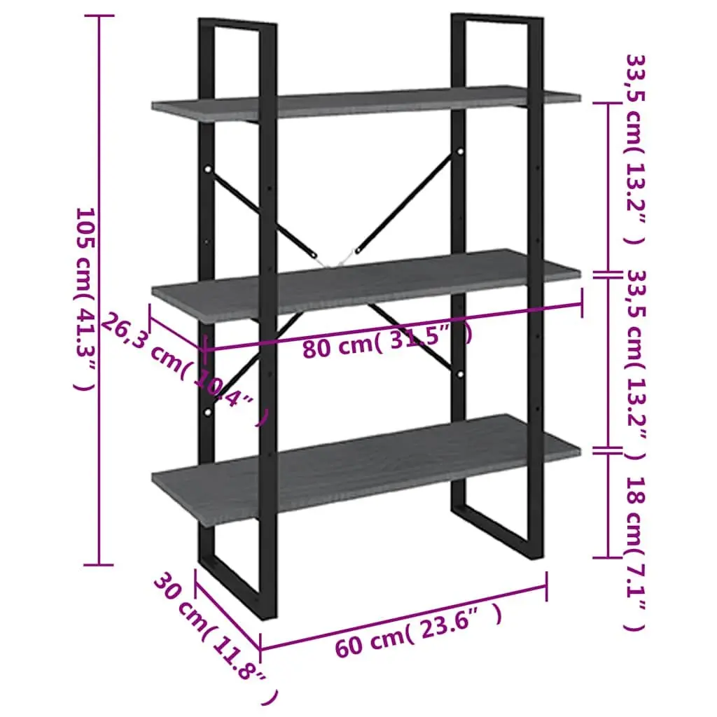 Grey 3-Tier Wooden Book Cabinet with Solid Pine Construction