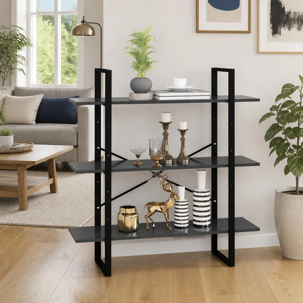 Book Cabinet Engineered Wood Metal Frame 3 Shelves Grey