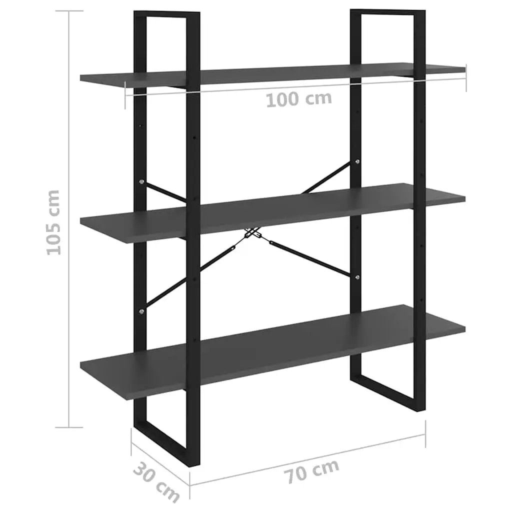 Book Cabinet Engineered Wood Metal Frame 3 Shelves Grey