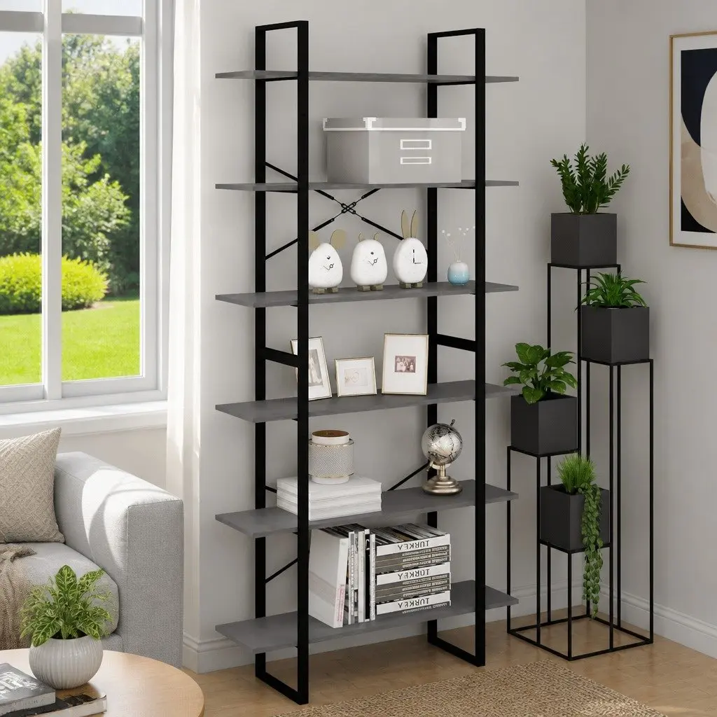 Grey Solid Pine Wood High Storage Cabinet with 6 Shelves