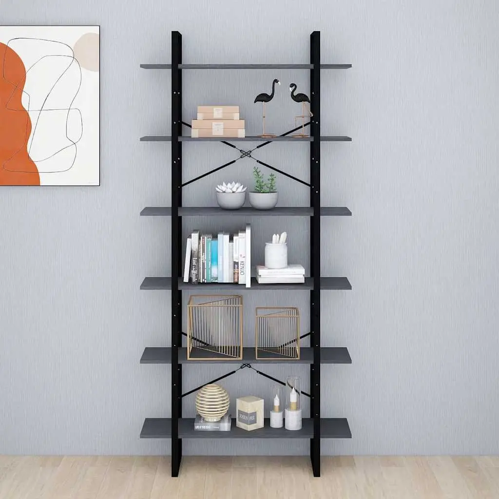 Grey Solid Pine Wood High Storage Cabinet with 6 Shelves