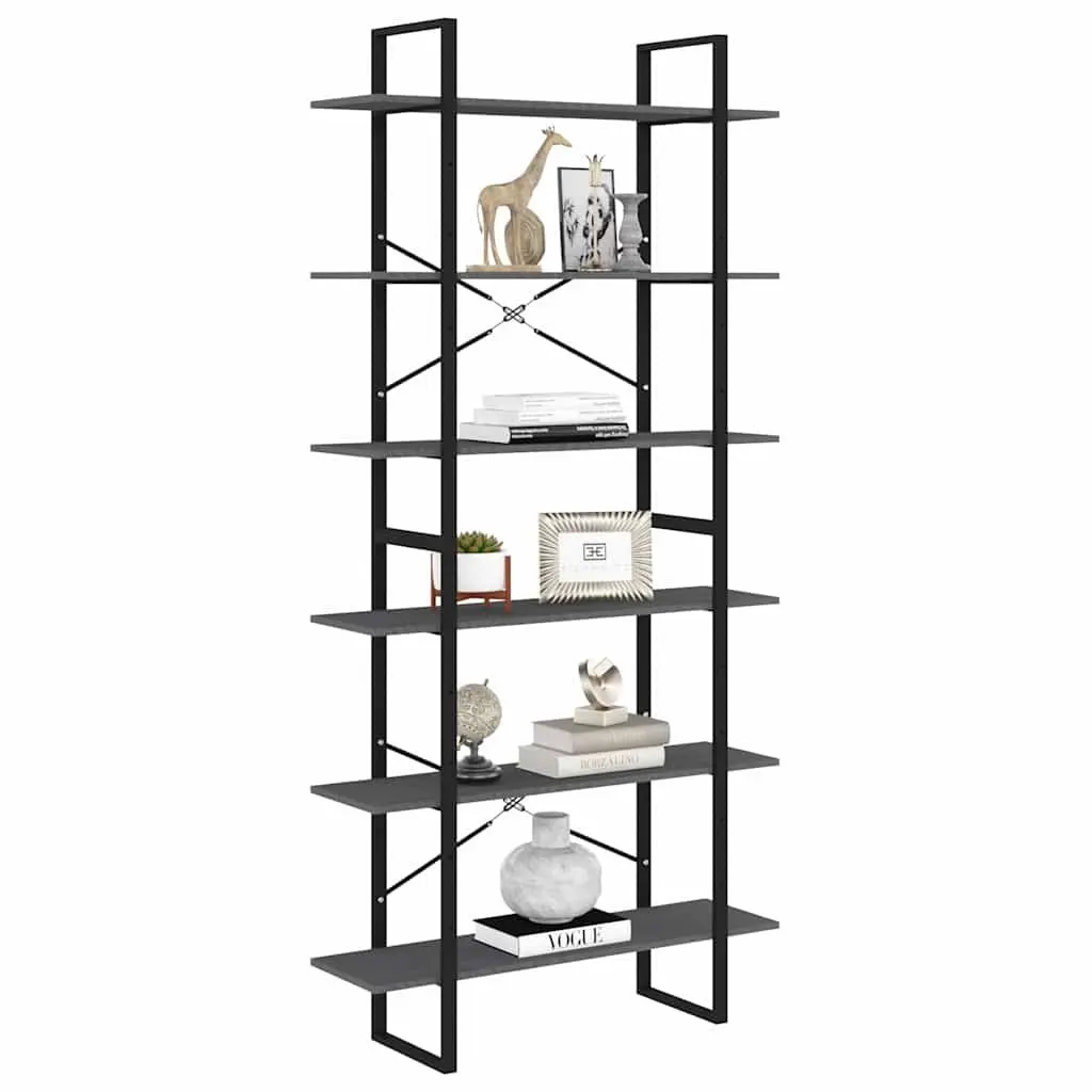 Grey Solid Pine Wood High Storage Cabinet with 6 Shelves