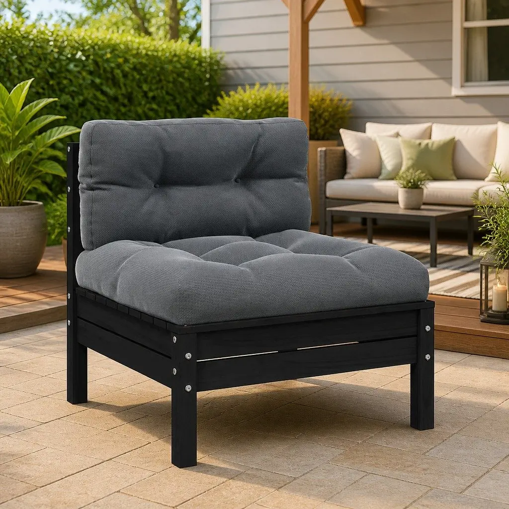 Black Pinewood Modular Garden Middle Sofa with Cushions