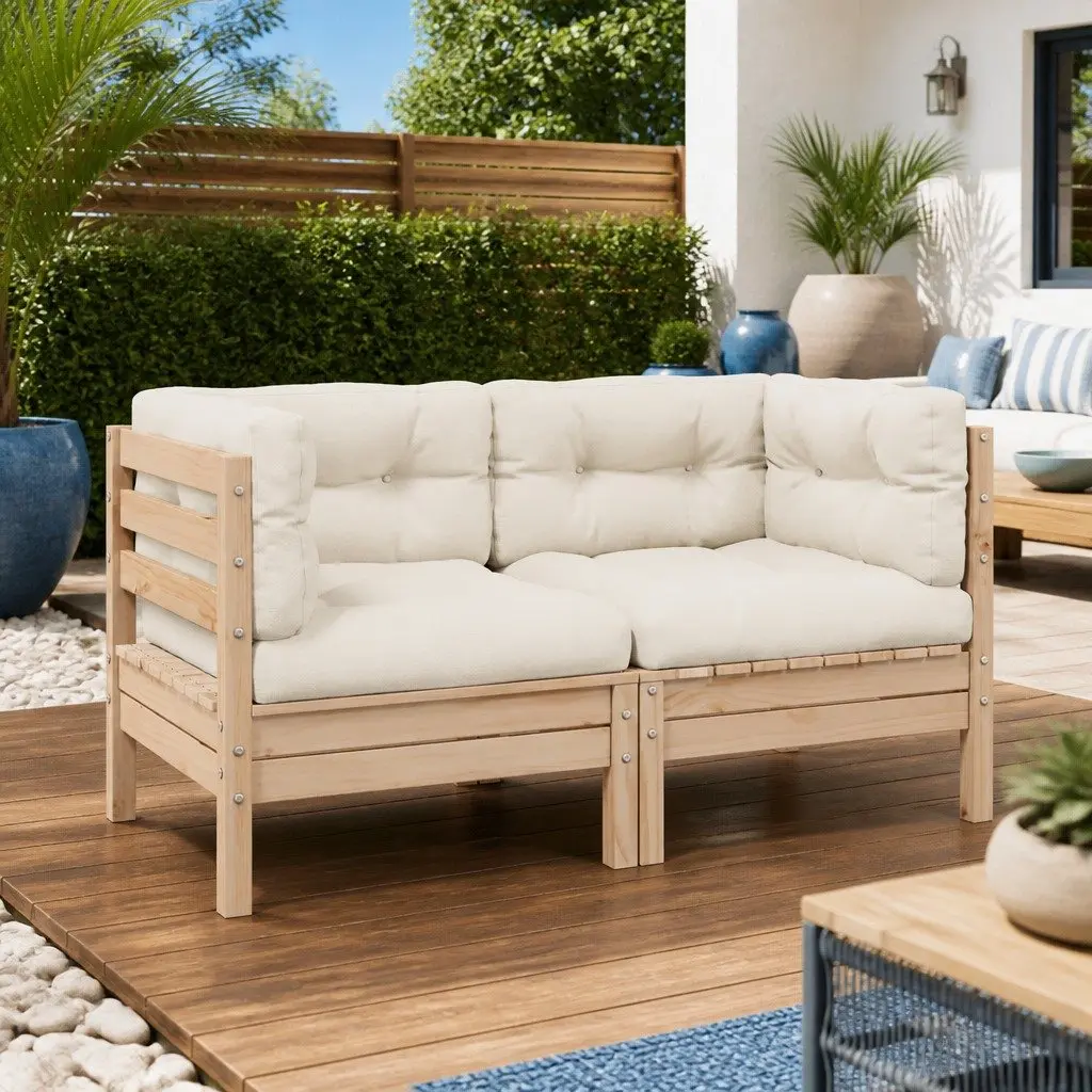 Cream Cushioned 2-Seater Outdoor Garden Sofa in Pinewood
