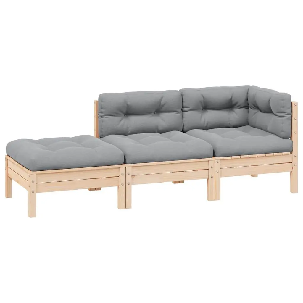 Outdoor Lounge Set Grey Cushions Modular Solid Pinewood 3 Piece Sectional Sofa