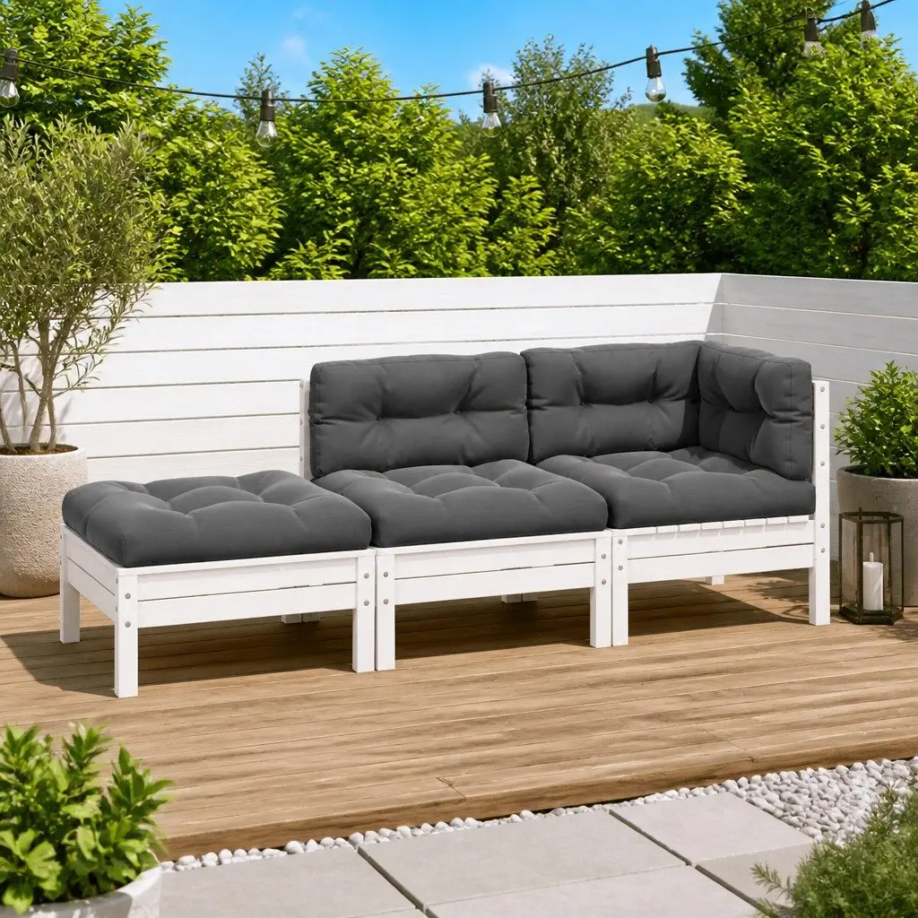 3 Piece Outdoor Lounge Set Solid Pinewood White with Cushions