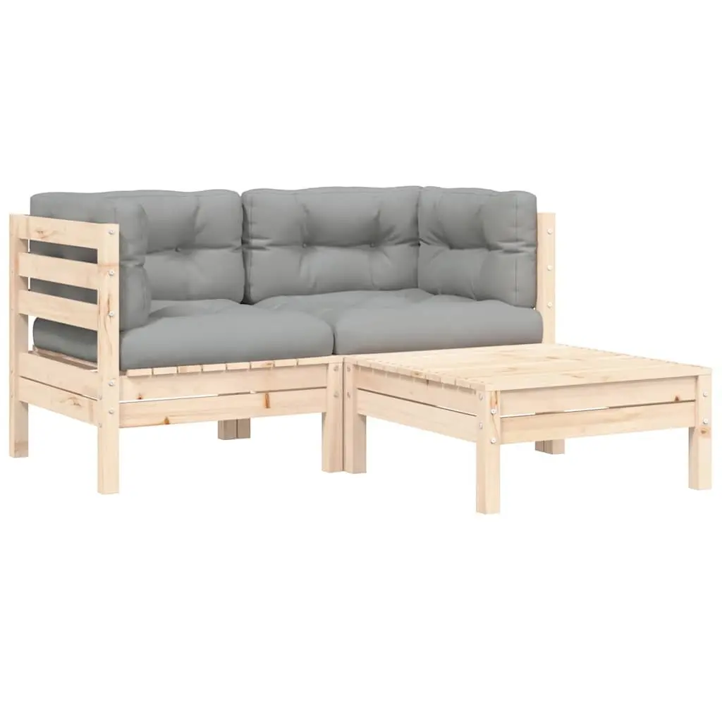 3 Piece Garden Lounge Set Solid Pinewood Grey Cushions