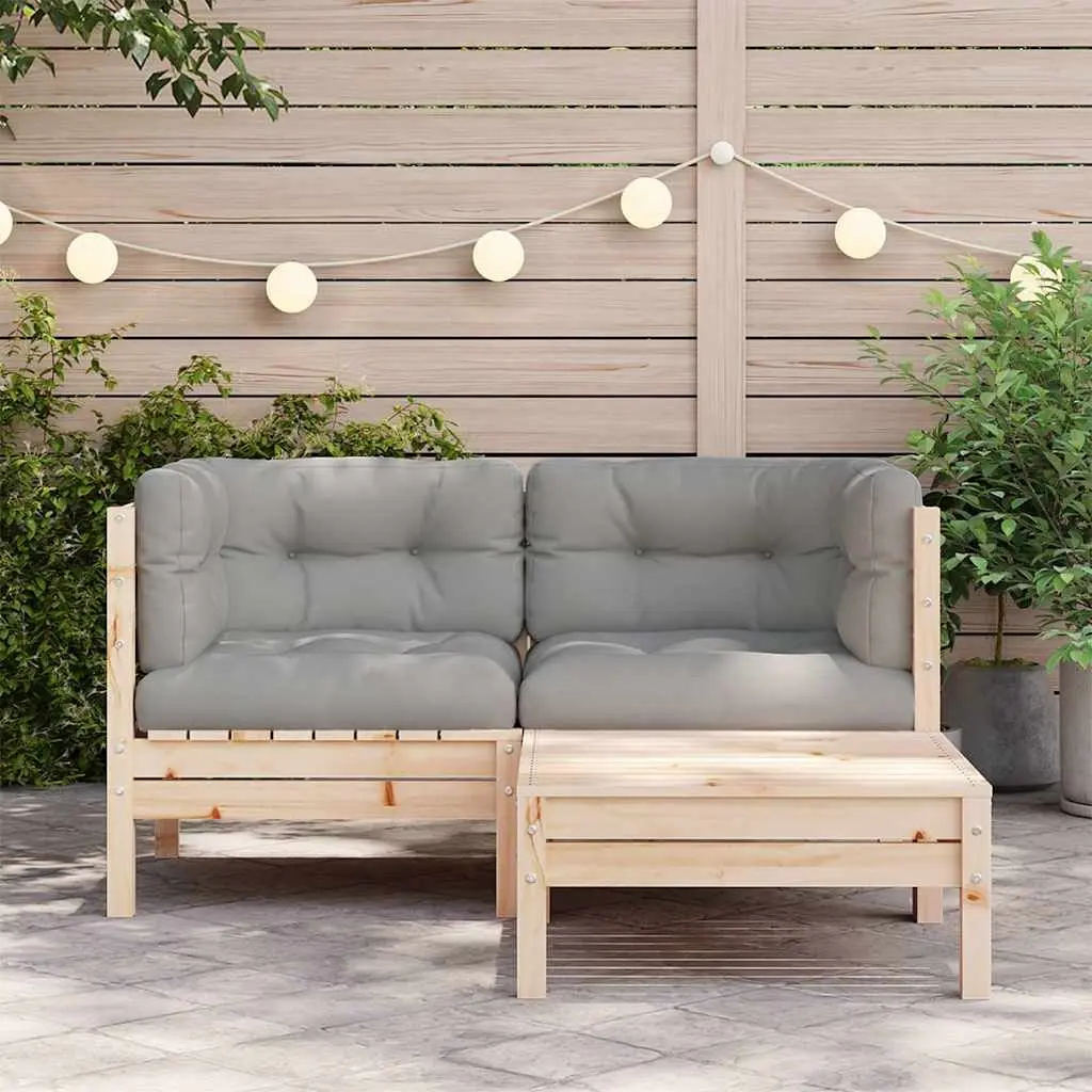 3 Piece Garden Lounge Set Solid Pinewood Grey Cushions