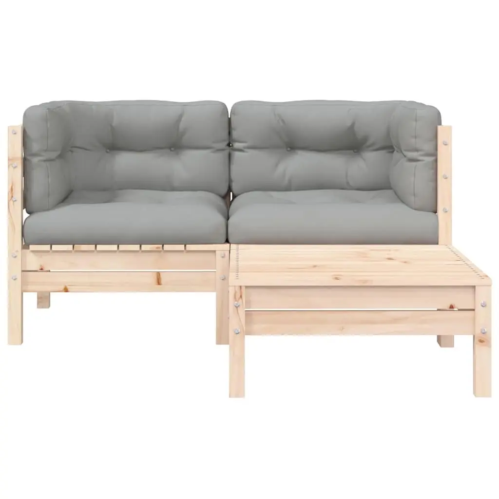 3 Piece Garden Lounge Set Solid Pinewood Grey Cushions