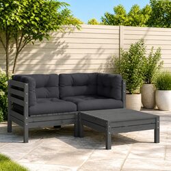 3 Piece Garden Lounge Set with Cushions Grey Outdoor Sectional Sofa Patio