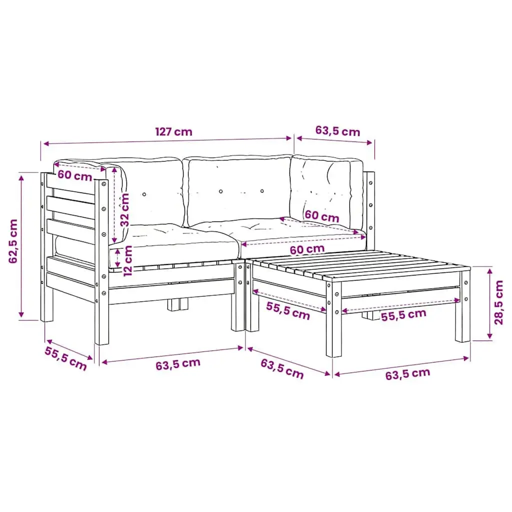 3 Piece Garden Lounge Set Solid Pinewood Grey Outdoor Sectional Sofa