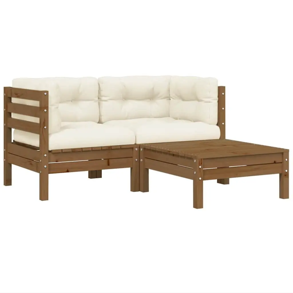 3 Piece Garden Lounge Set Pinewood Brown Cream Cushions