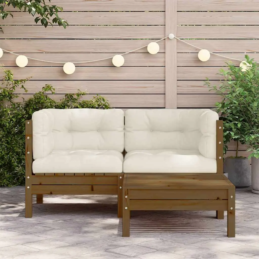 3 Piece Garden Lounge Set Pinewood Brown Cream Cushions