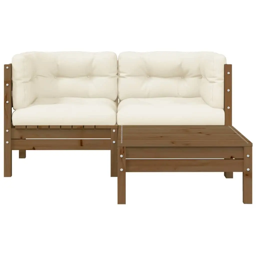 3 Piece Garden Lounge Set Pinewood Brown Cream Cushions