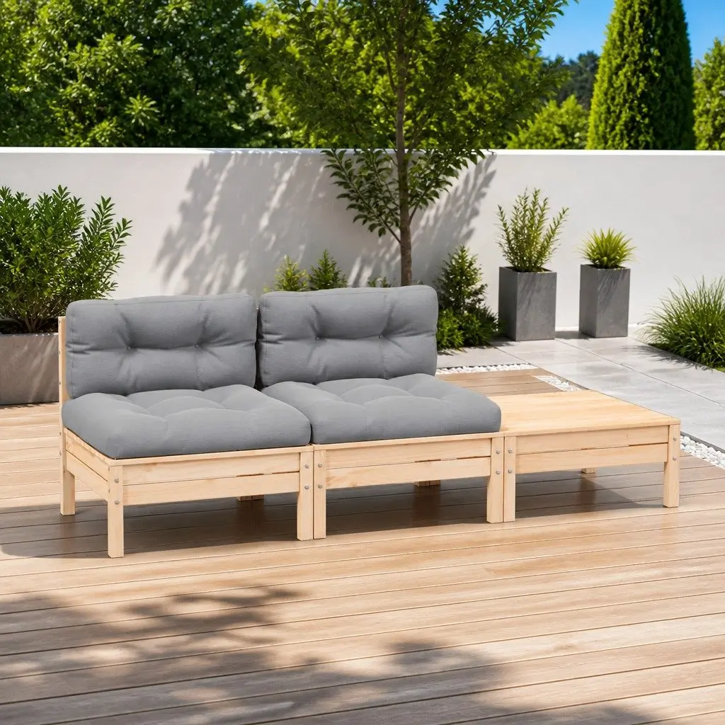 Solid Pinewood Garden Lounge Set with Grey Cushions