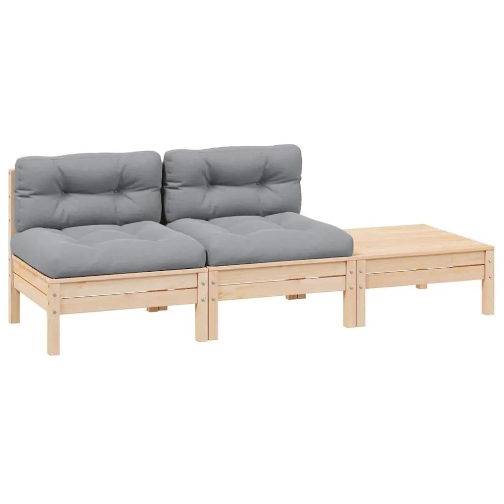 Solid Pinewood Garden Lounge Set with Grey Cushions