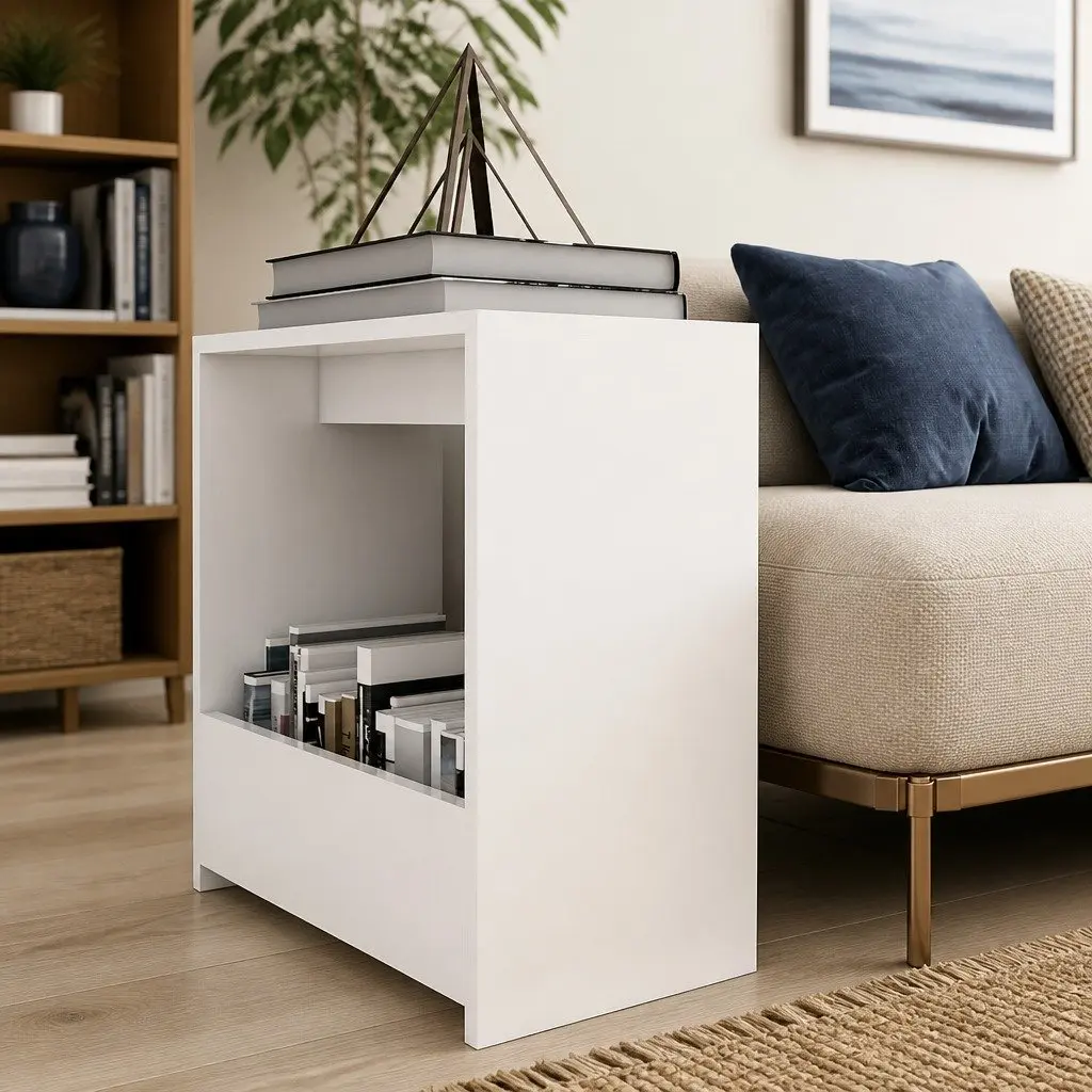 White Modern Accent End Table with Open Storage