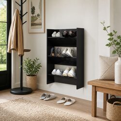High Gloss Black Wall Mounted Shoe Cabinet with 3 Shelves
