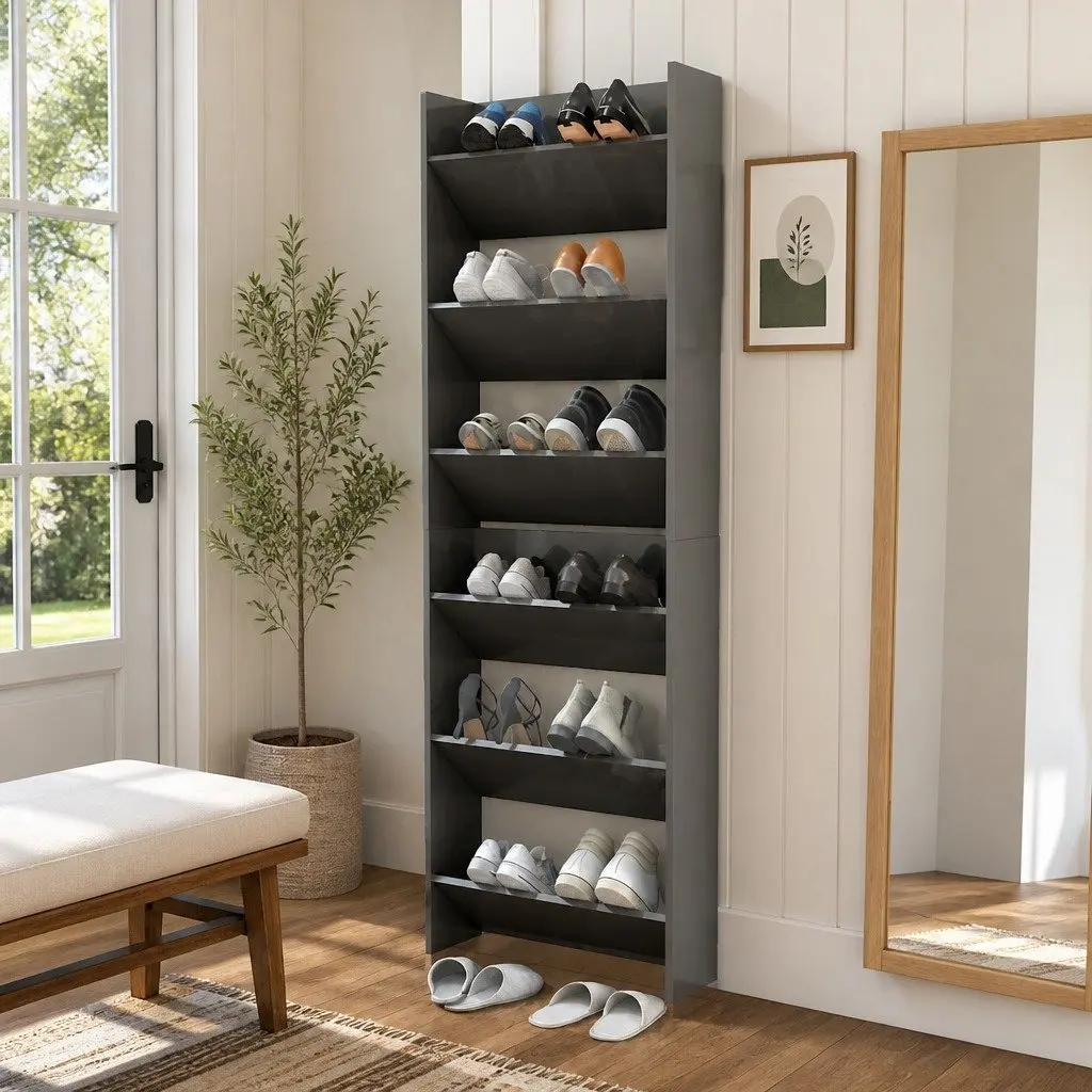 Wall Mounted Shoe Cabinet Set in Grey High Gloss