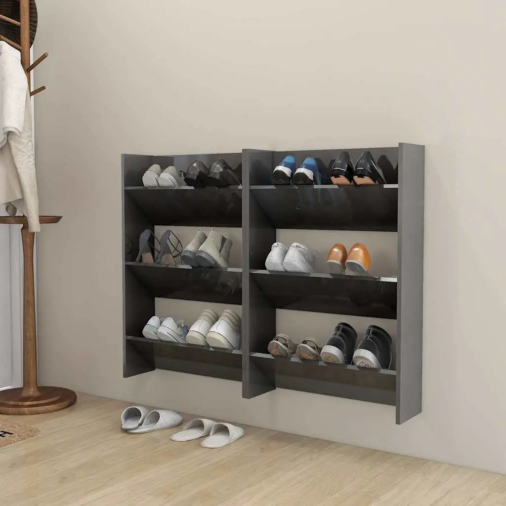 Wall Mounted Shoe Cabinet Set in Grey High Gloss