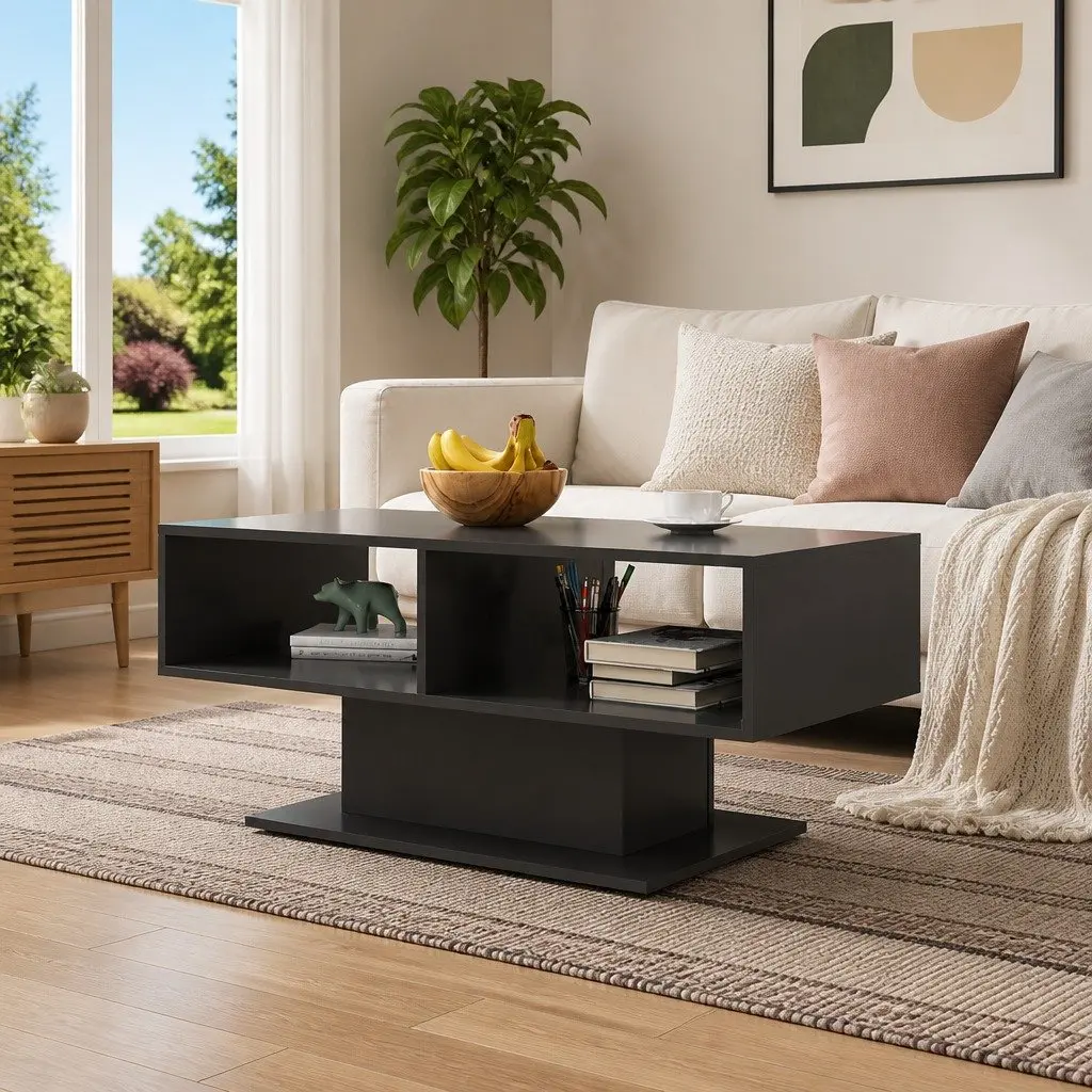 Grey Coffee Table with Storage Shelf for Living Room