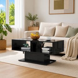 Stylish Black High Gloss Coffee Table with Storage Shelf