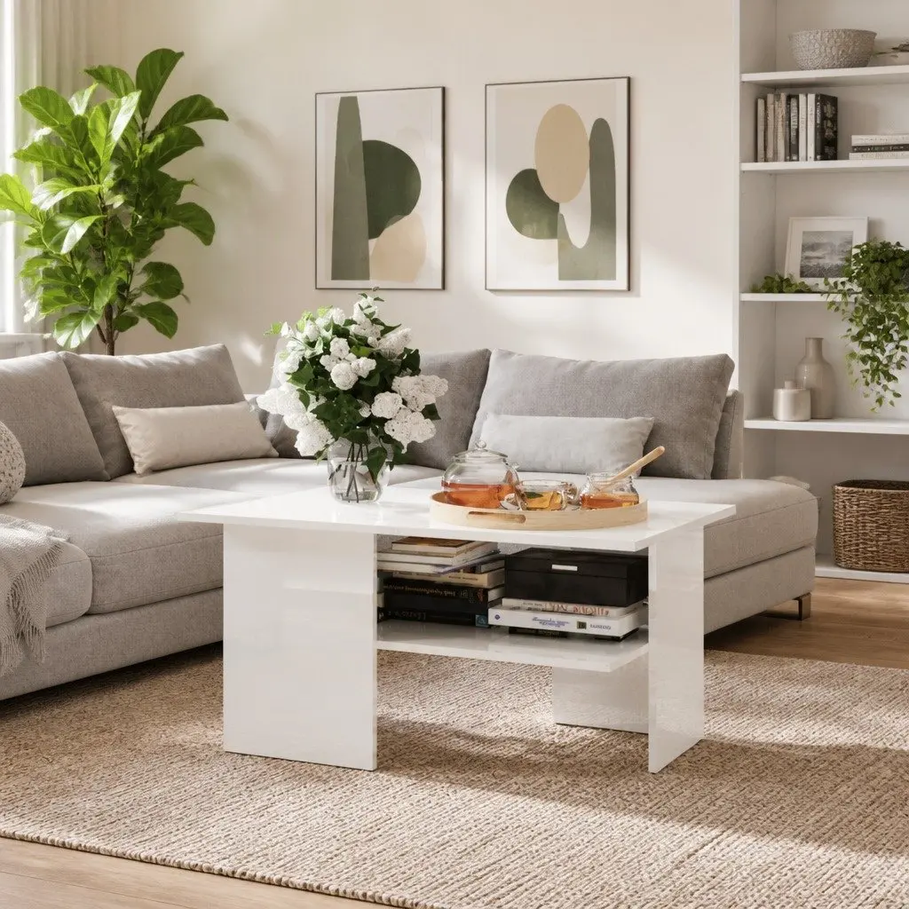 High Gloss White Coffee Table with Storage Shelf