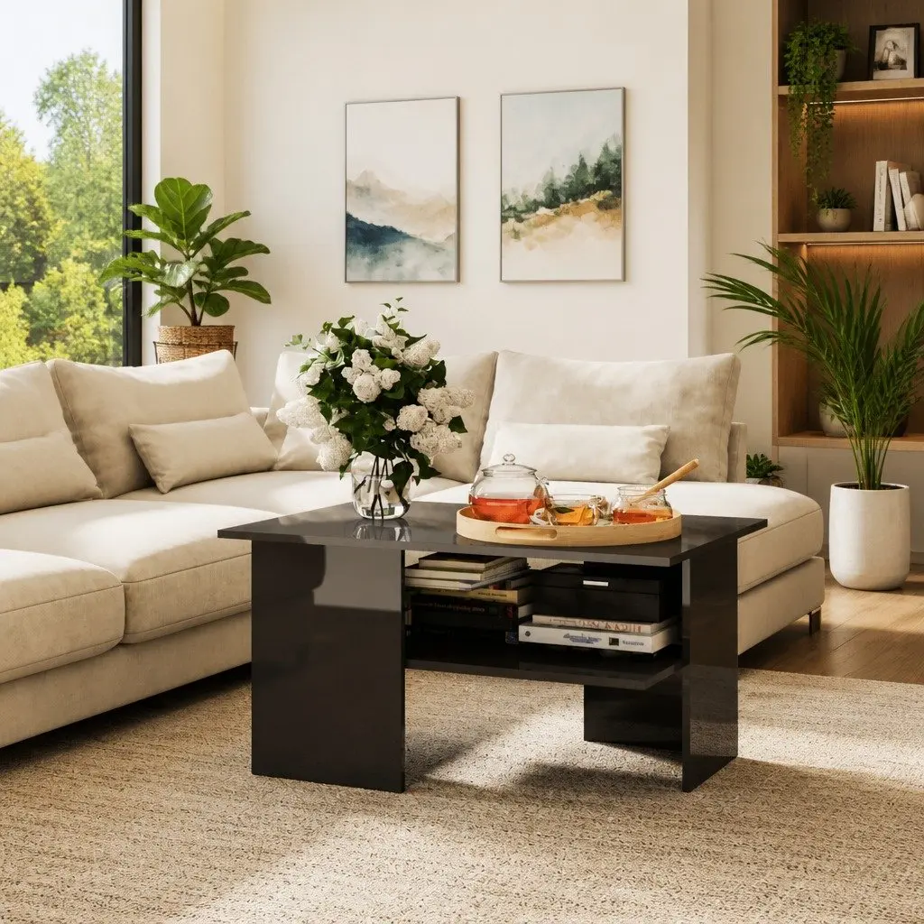 Grey High Gloss Coffee Table with Storage Shelf