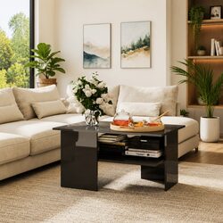 Modern Grey High Gloss Coffee Table with Storage Shelf