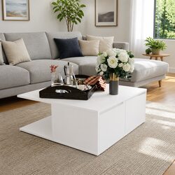 Durable White Coffee Table with Storage Drawers 80x80x31cm