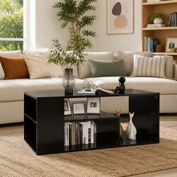 Black Coffee Table with Storage Shelves for Living Rooms