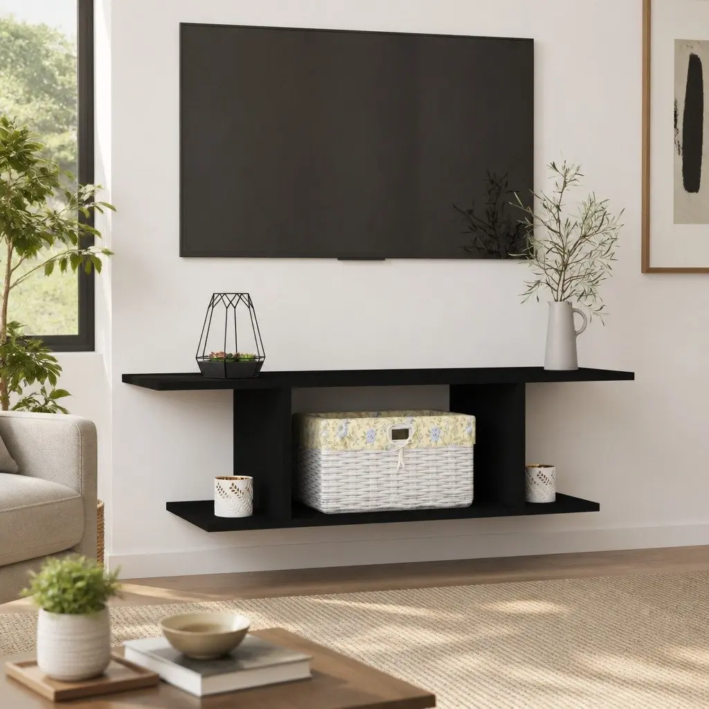 Wall Mounted TV Cabinet Black Living Room Storage Floating Shelf Unit