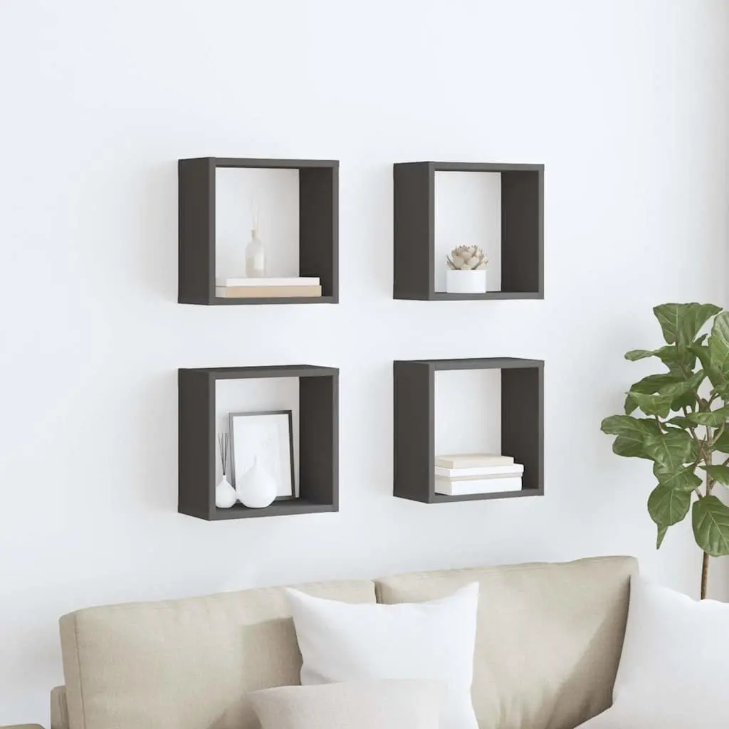 Wall Cube Shelves Set 4 pcs Grey Floating Storage Display Hanging Organiser