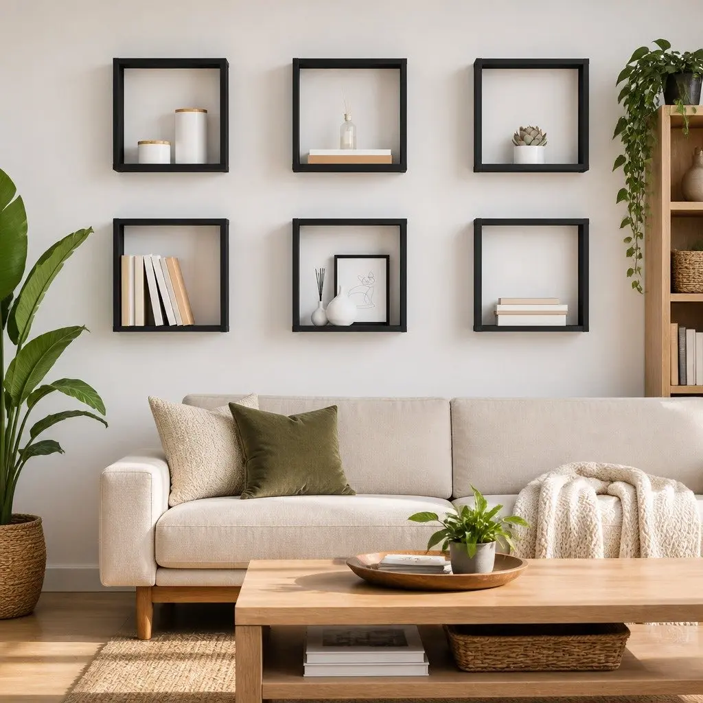 Set of 6 Floating Wall Cube Shelves in Grey