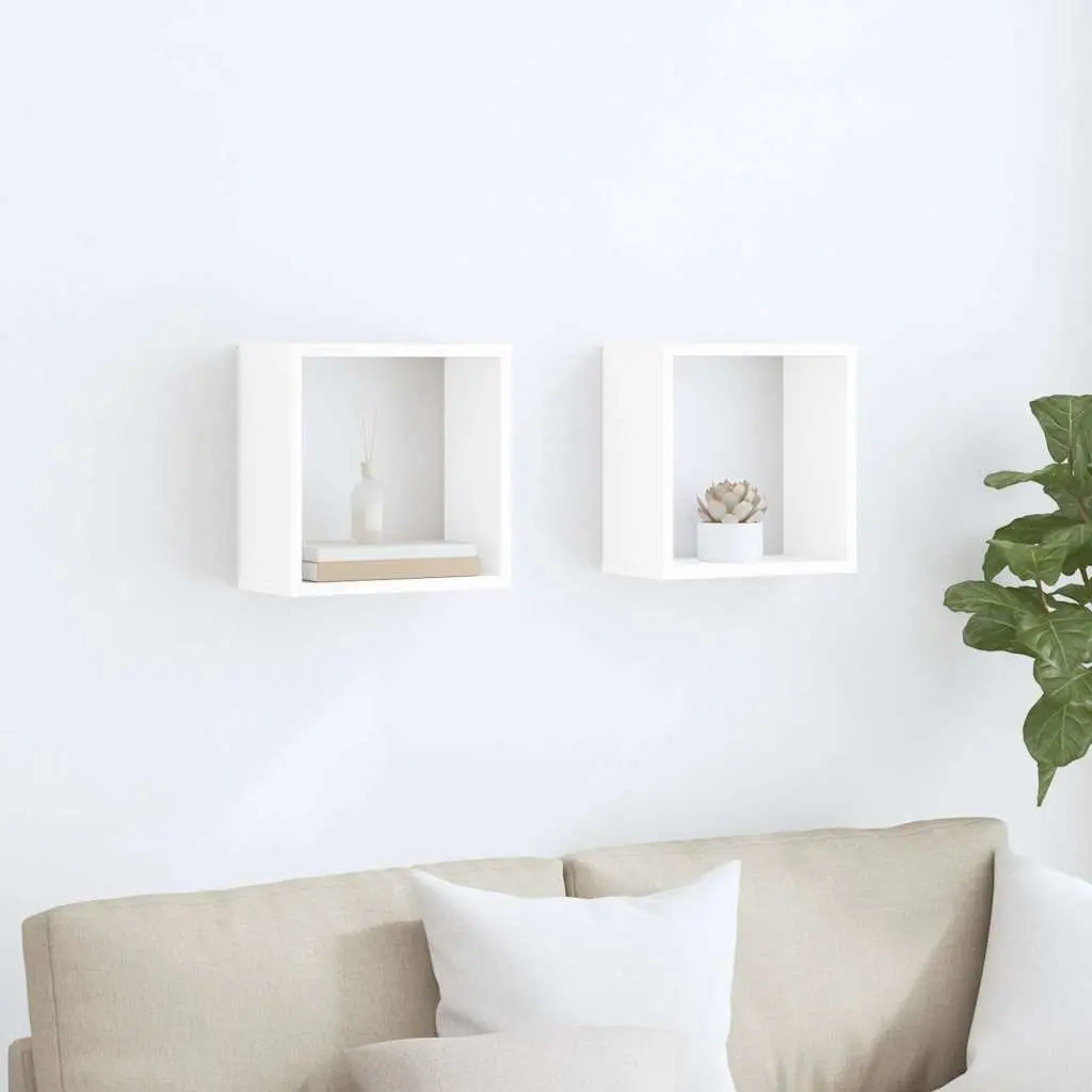 Floating Cube Shelves White 30x15x30cm Sturdy Wall Mounted Storage Display Set of Two