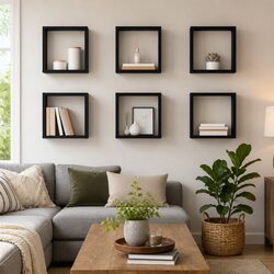 Wall Cube Shelves 6 Piece Set Floating Storage Display Black Hanging Organiser