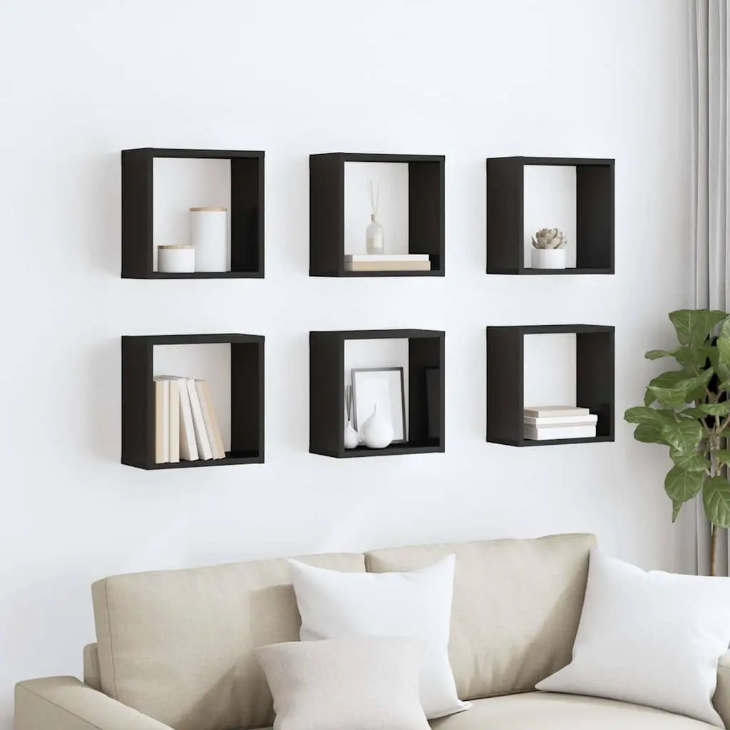 Wall Cube Shelves 6 Piece Set Floating Storage Display Black Hanging Organiser