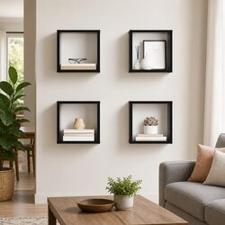 Durable Black Cube Shelves Set for Wall Mounting - 4 Pieces