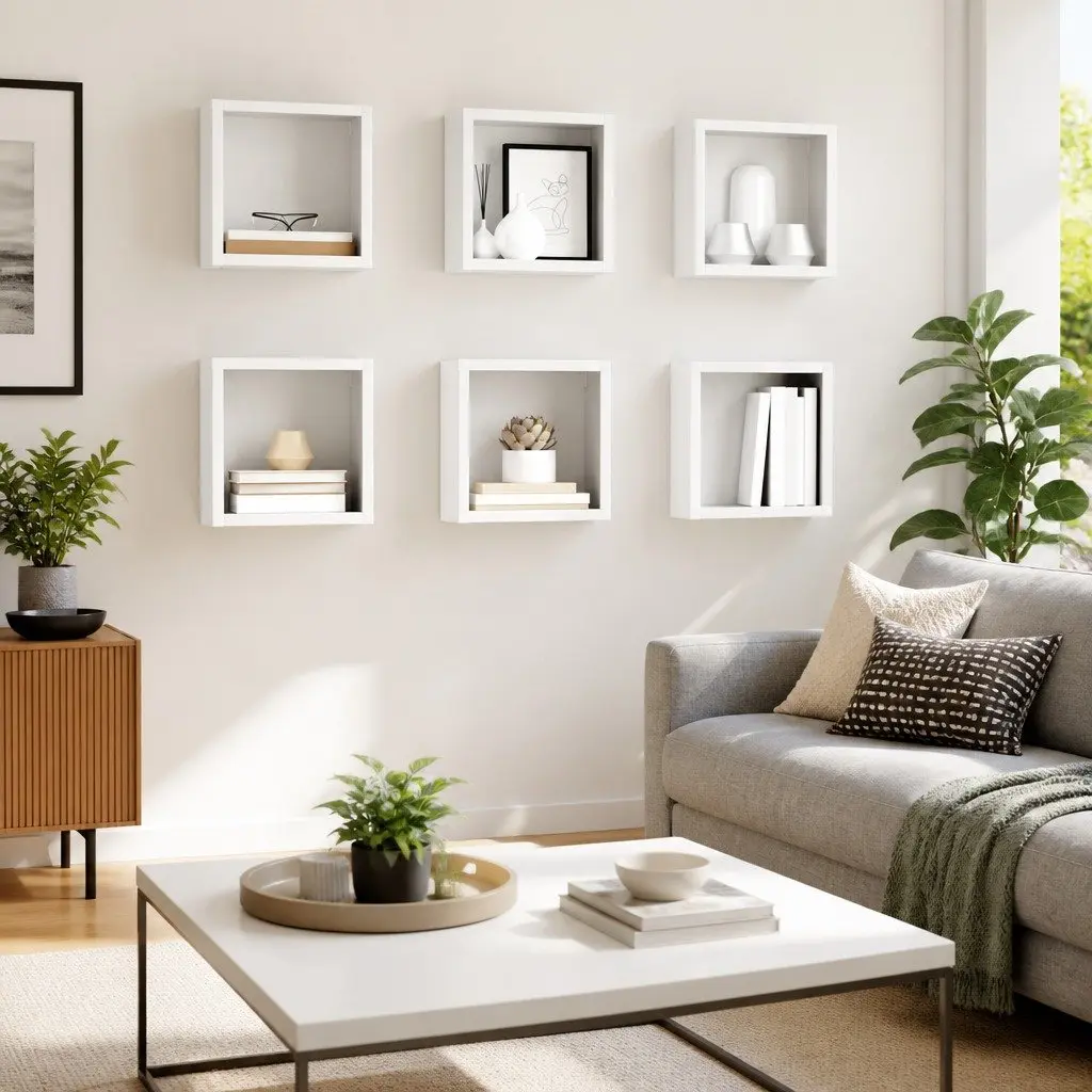 Set of 6 White Floating Wall Cube Shelves
