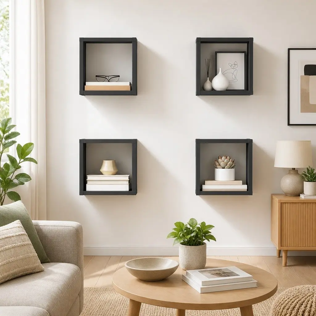 4-Piece Grey Floating Wall Cube Shelf Set for Storage