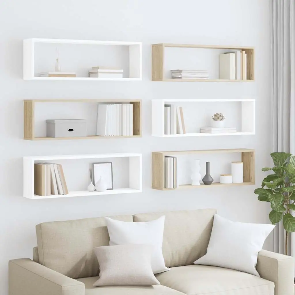Cube Shelves Engineered Wood 80 x 15 x 26.5 cm White Sonoma Oak 6 Piece Set