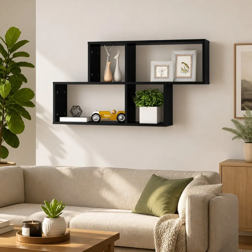 Wall Shelf Black High Gloss Display Cube Floating Storage Shelving Unit