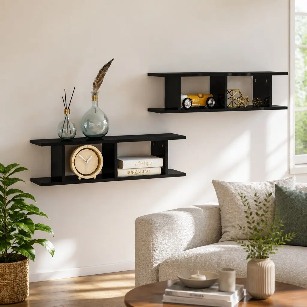 Wall Shelves 2 Piece Set Black Floating Display Cube Shelf Living Room Bedroom