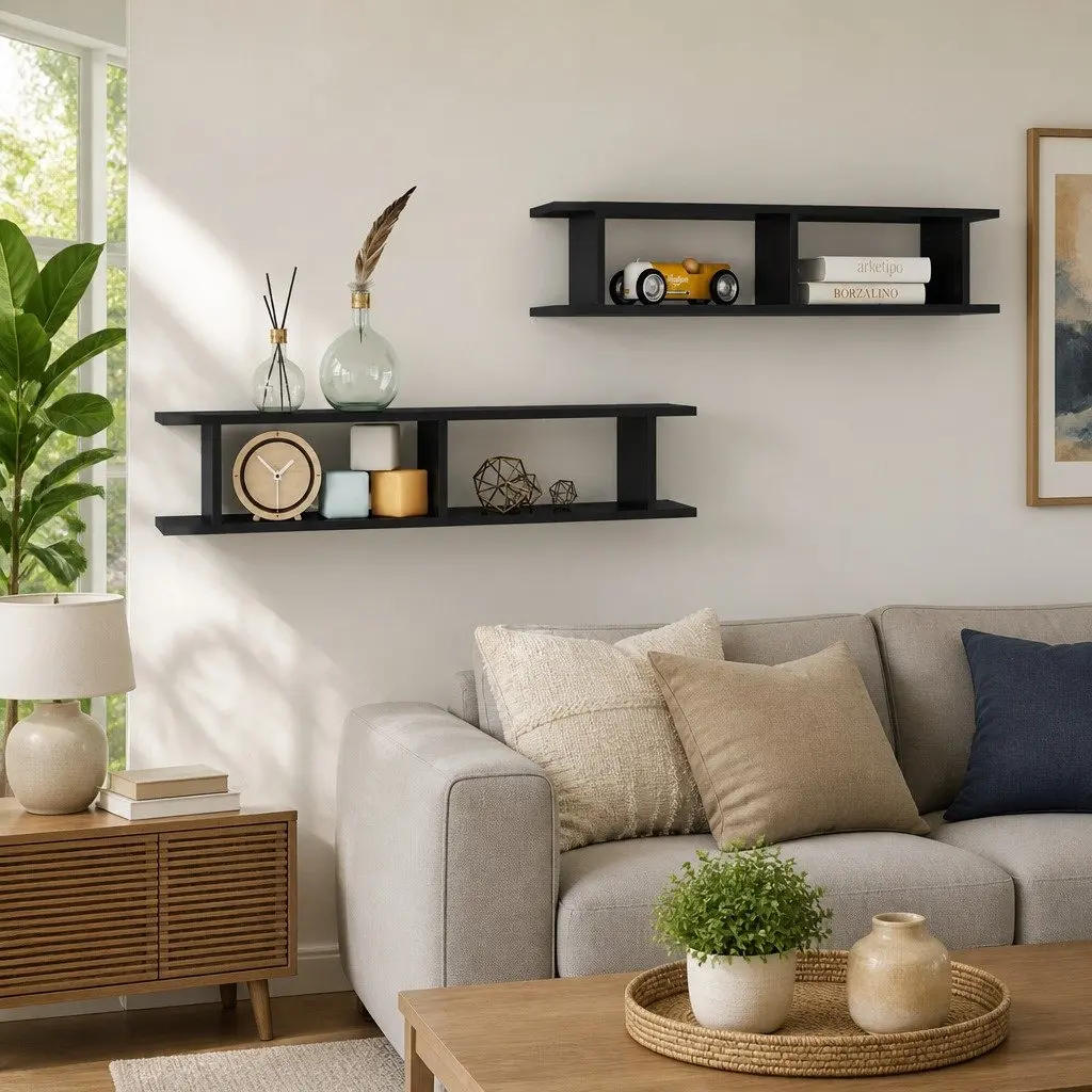 High Gloss Grey Floating Cube Shelves 2pc Set