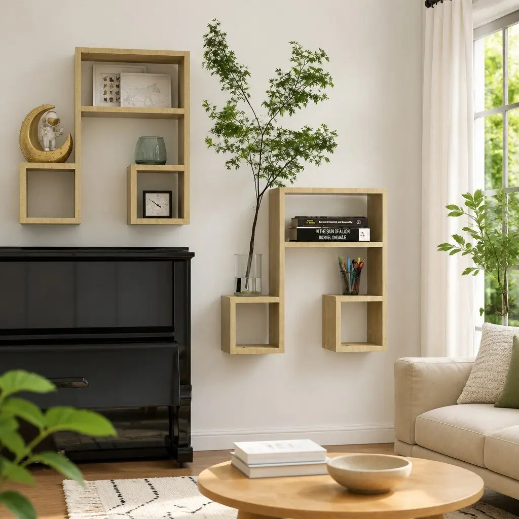 Wall Shelves 2 Pieces Music Note Shape Brown Storage Display Floating Shelf