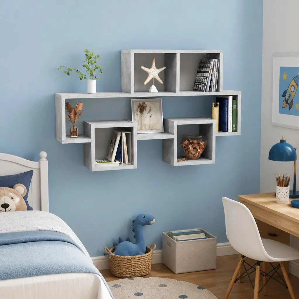 Wall Shelf Car-Shaped Grey Storage Display Hanging Organiser Engineered Wood